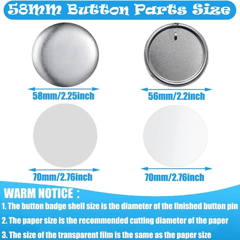 Pin Making Kit para Button Maker Machine,Metal Button Badge Sets, Chaveiros Suprimentos, 58mm, 2.25 Polegada