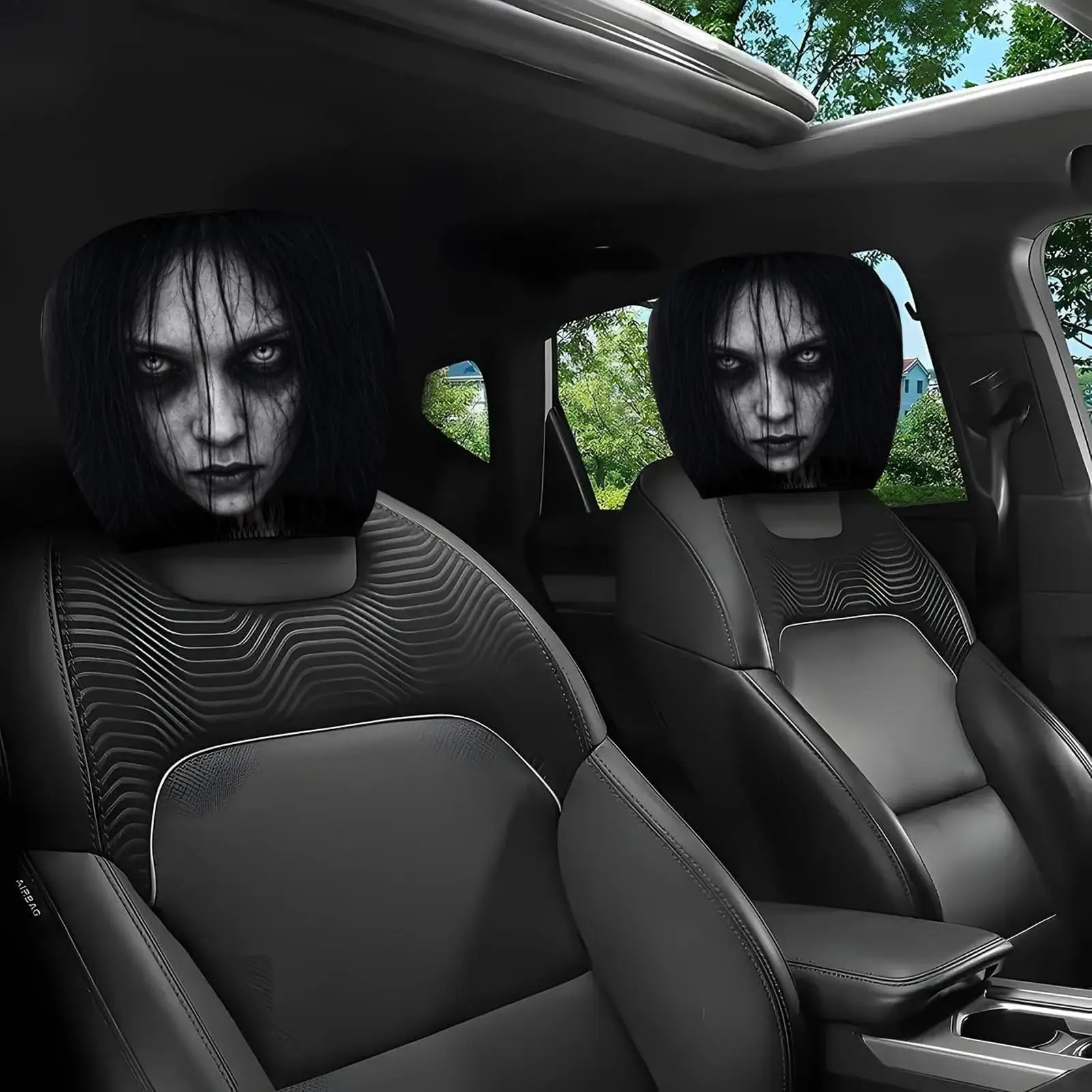 2pcs Scary Headrest Covers for Cars Spooky Ghost Face Universal Stretchy Breathable for SUVs Trucks Halloween Trip Travel Daily