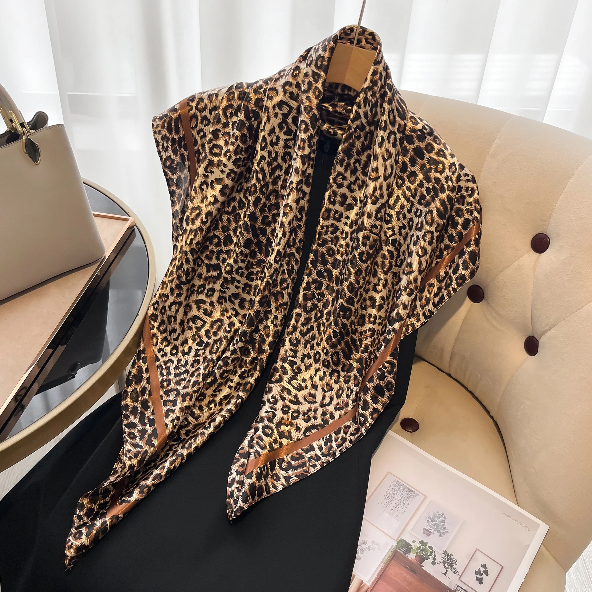 Leopard Print Satin Square Scarf 90x90cm, Women Large Neck Shawl Multi‑use Headscarf Bag Decoration Fashion Gift