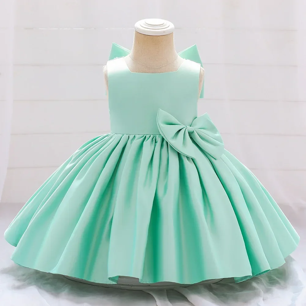 Light Blue Flower Girl Dress Satin Bow Costume Catwalk Princess Baby Girl Birthday Party First Communion Wedding Gown