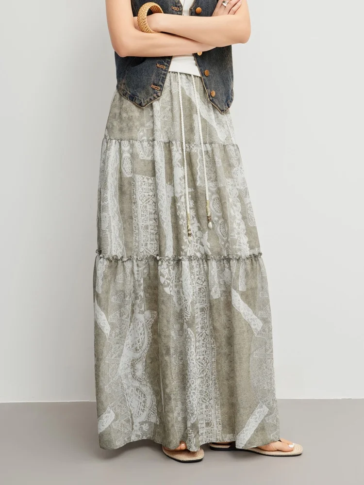 

Midsummer Night's f Skirt with Lace Print Wooden Middle-Length Friday Casual High Waist Gel Fiber Umbrella Skirt