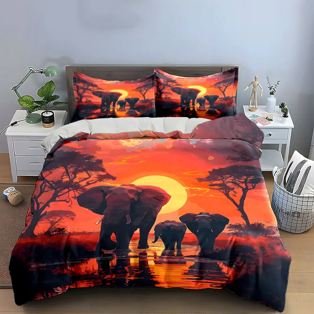 Elephant Sunset Decor Prints Bedding Set with 1 Duvet Cover 2 Pillowcases Single Double King Queen, Gift