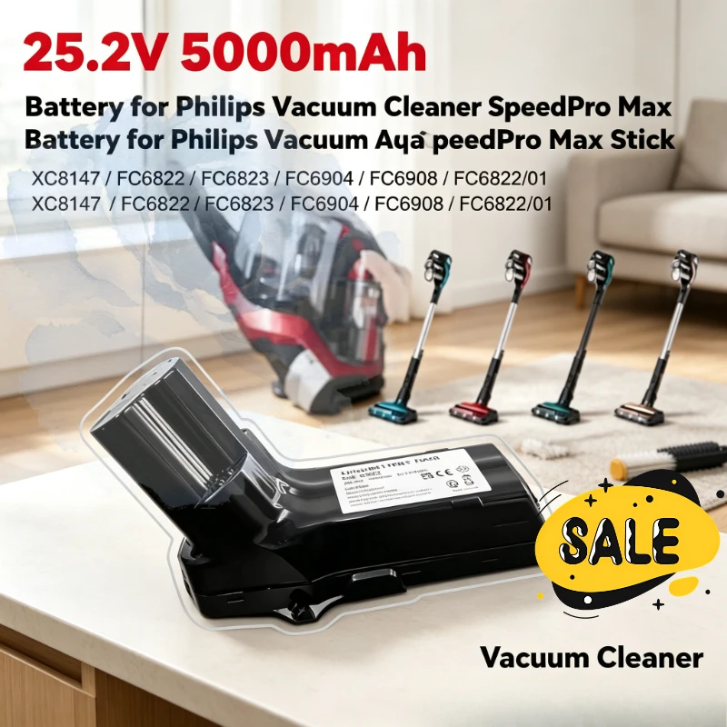 25.2V 5000Ah Battery for Philips Vacuum Cleaner SpeedPro Max Aqua SpeedPro Max Stick XC8147 FC6822 FC6823 FC6904 FC6908