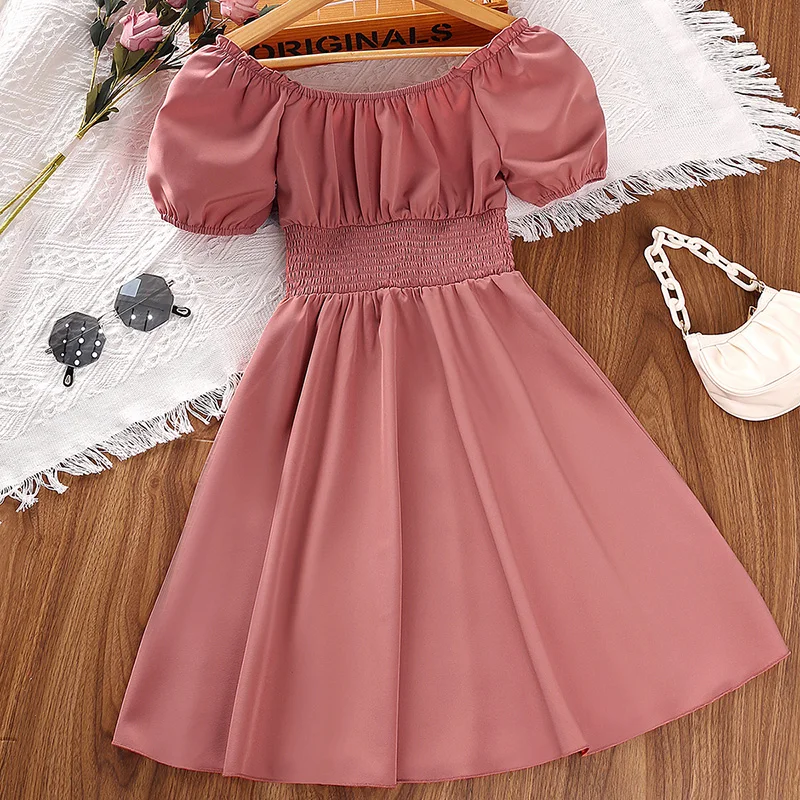 8-12Y Girls Summer Dress Polyester Solid Color Puff Sleeve Lace Smocking Waist-cinching A-line Knee-length Skirt Sweet