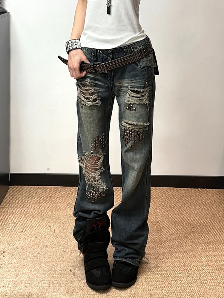 

Retro American Design Rivet Splicing Denim Pants High Waist Zipper Closure Women's Summer Hot Girl Subculture Worn out Floor-...