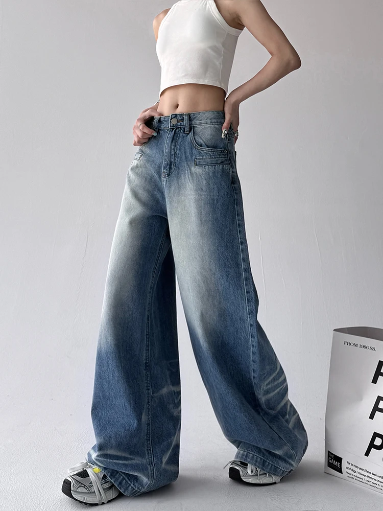 الرجعية الأمريكية الساخنة فتاة الدينيم الجينز المرأة خريف جديد الهيب هوب فضفاض Waed الأزرق عالية الخصر بنطال ذو قصة أرجل واسعة تأثير التخسيس