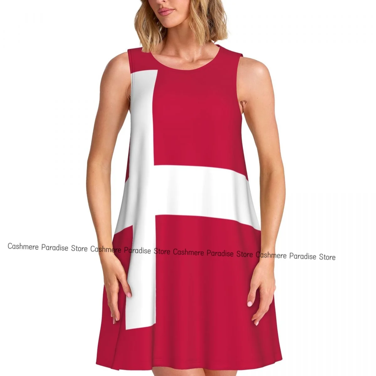 فساتين صيفية للنساء فستان كاجوال بدون أكمام فساتين صيفية بدون أكمام بعلم الدنمارك مع جيوب