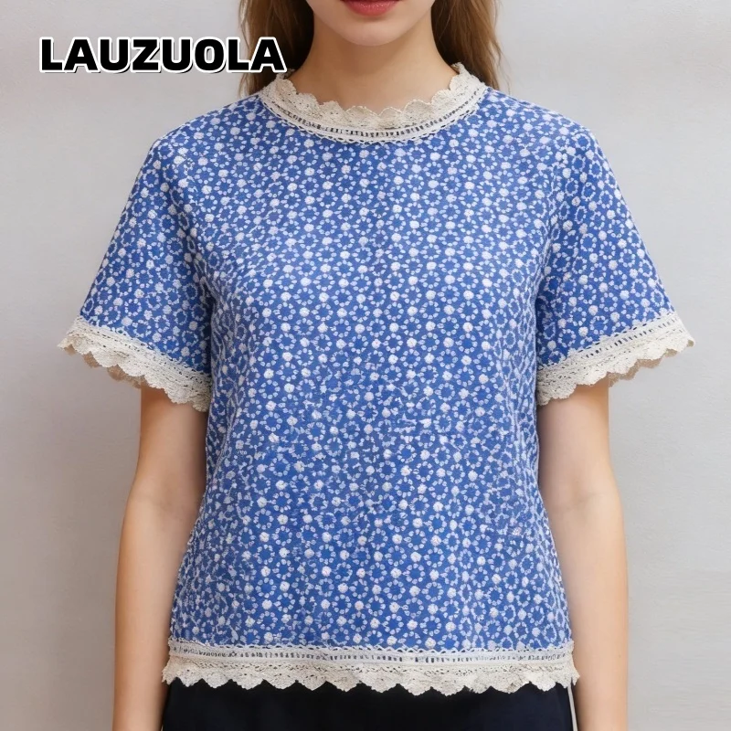 High Quality Blue Lace Embroidered Blouse 2026 Summer Fashion Vintage Short Sleeve Shirt Casual Loose Hollow Out Floral Tops