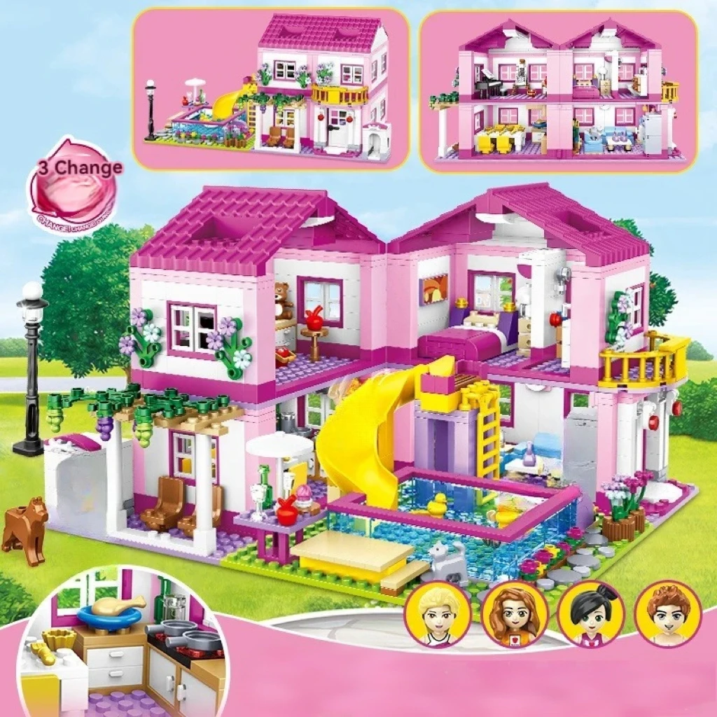 Colorful Pink Dream Villa Construction Blocks Ornament, Slide Pool Family House Model Kids Assembly Toy Decor