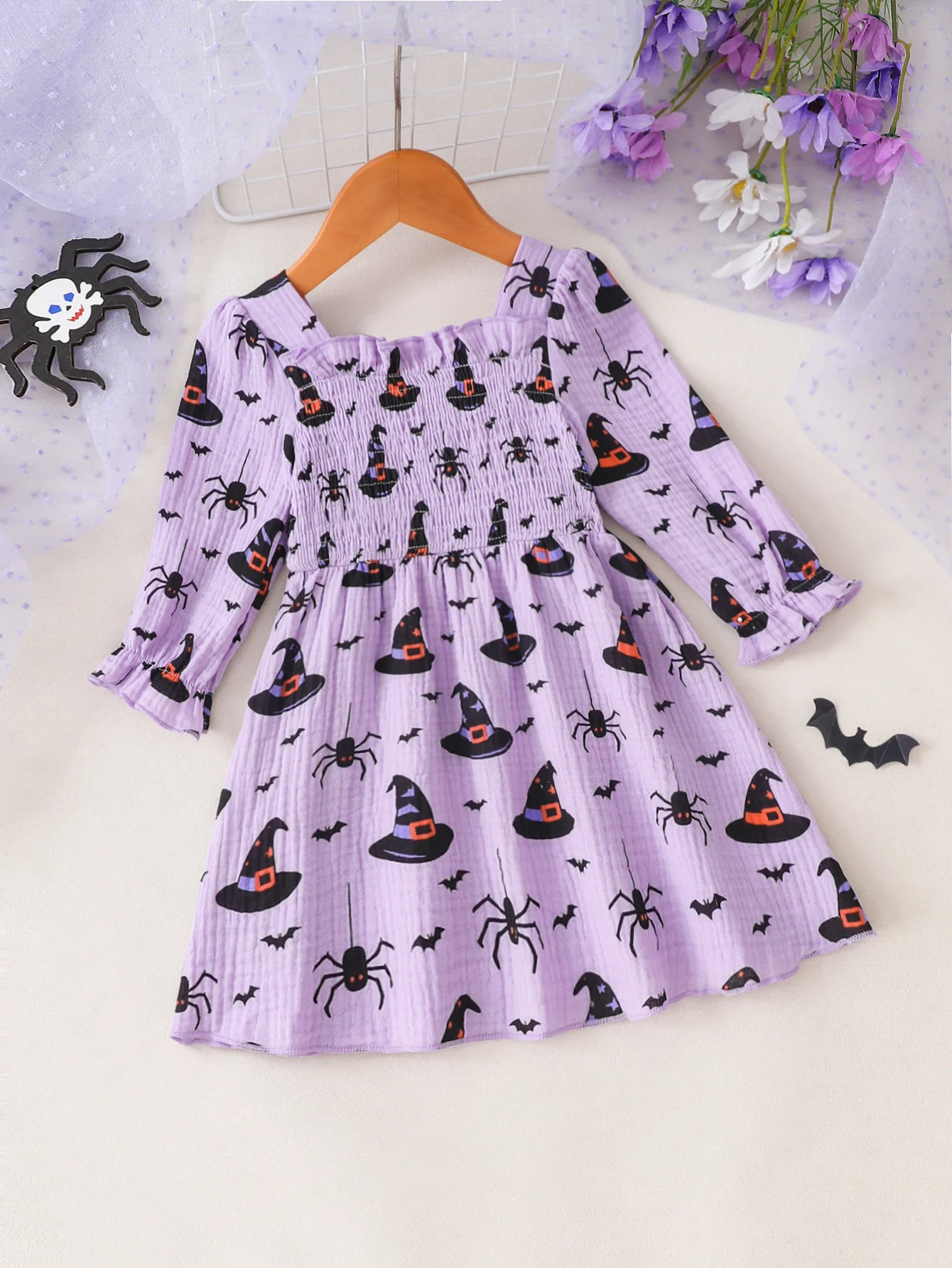 Baby Girls Halloween Pumpkin Print Dress, Long Sleeve Smocked Casual Dress, Toddler Fall Holiday Costume Outfits 1-5 Years Old