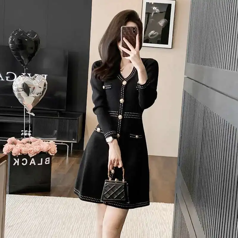 #0934 Office Sweater Dress Women V-neck Single Breasted Mini Dress Female Long Sleeve Slim Fit Short Knitted Dress Korean Style