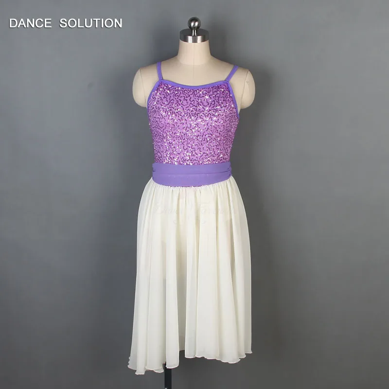 Purple Sequin Spandex Camisole Bodice with Chiffon Skirt Lyrical Dance Dress for Adult & Girls Ballet Performance Costumes 19601