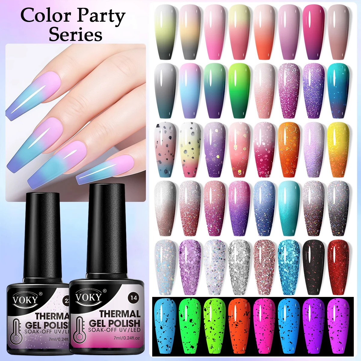VOKY 48 Colors Thermal Gel Nail Polish Set - Temperature Color Changing UV/LED Soak Off Gel Polish Kit, Chameleon Gradient Glitt