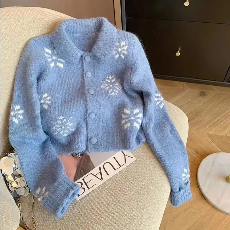 

Sweater Jacket Blue Jacquard Lapel Single Breasted Short Women'S 2024 Autumn And Winter New Soft Viscose Knitted Cardigan Top