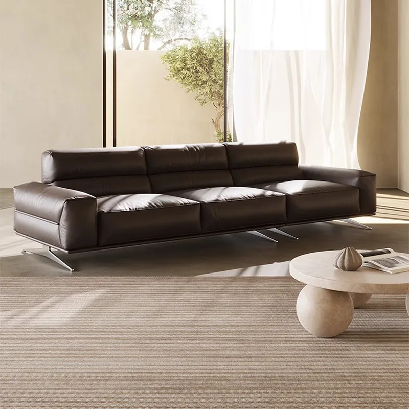 Italian minimalist retro leather sofa creative high backrest villa living room straight row sofa three-person sleigh sofa