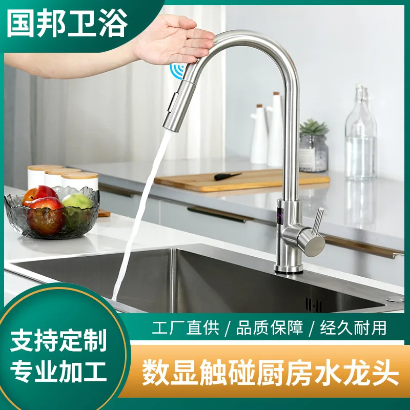 

Pull-Out 304 Stainless Steel Kitchen Hot and Cold Dual-Control Faucet Touch Digital Display Sensor Kitchen Faucet