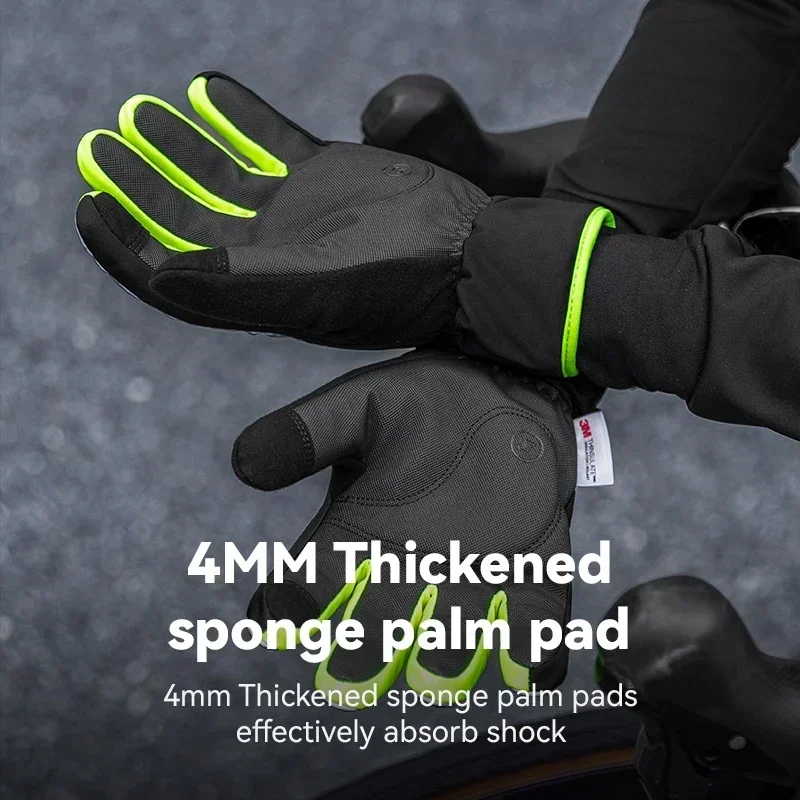 ROCKBROS Cycling Gloves Winter Windproof Keep Warm Reflective Gloves Thickened Palm Pad Touch Screen Night Cycling Glove MTB Men