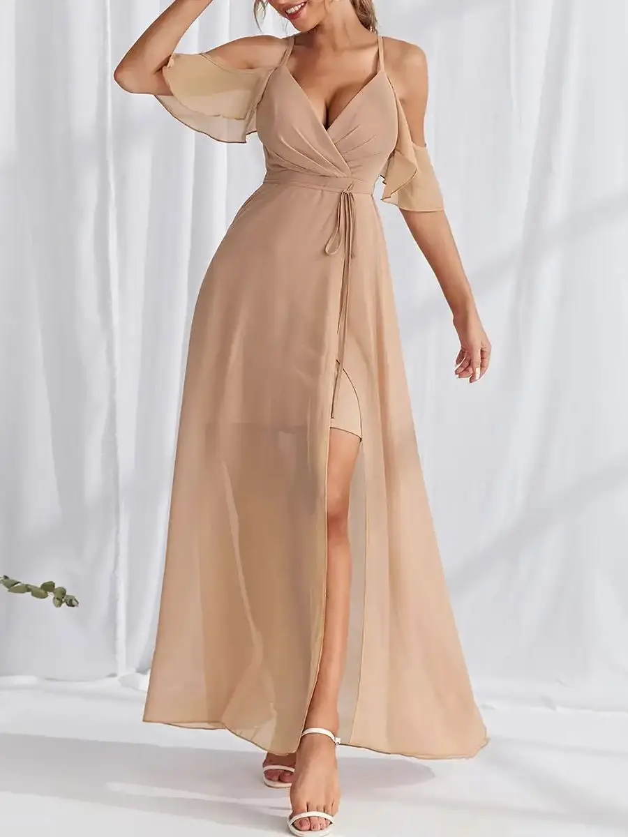 Uni thorse Cold Shoulder Wrap Saum Gürtel Maxi Ballkleid