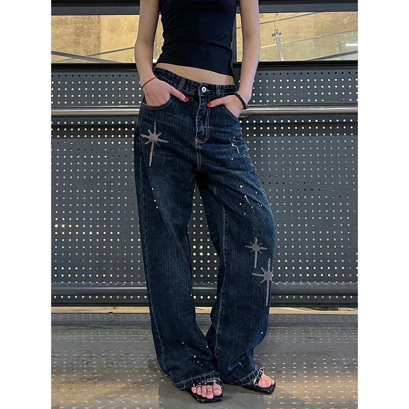 

Blue American Vintage Star Print Jeans Women's Loose Slimming Long Trousers Trendy Summer Denim Wide Leg Natural Waist