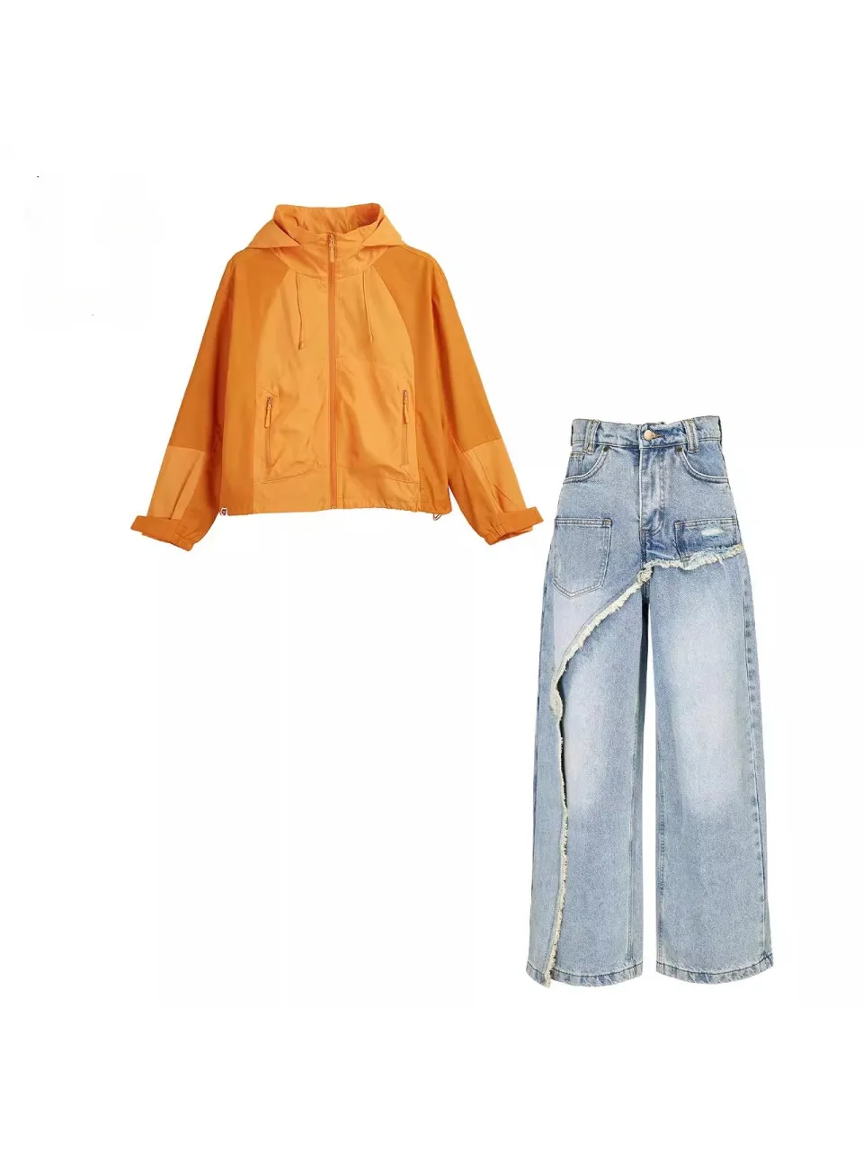 

American Sle Orange Spor Hooded Jaet And Trousers Set for Women Casual Outfit Ensemble Spring Season Regular Fit