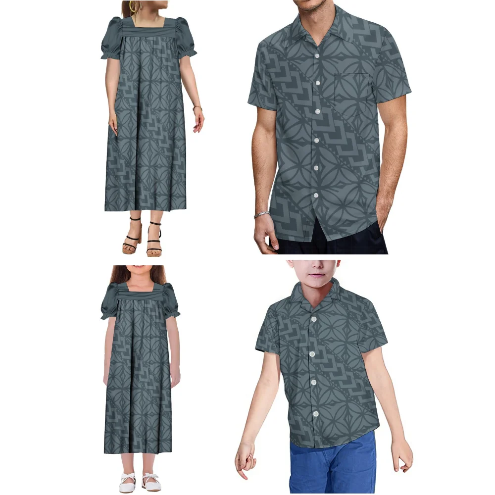 Polynesian Tribe's nieuw ontworpen bedrukte Mumu moeder-dochter jurk met pofmouwen en vader-zoon casual shirt top