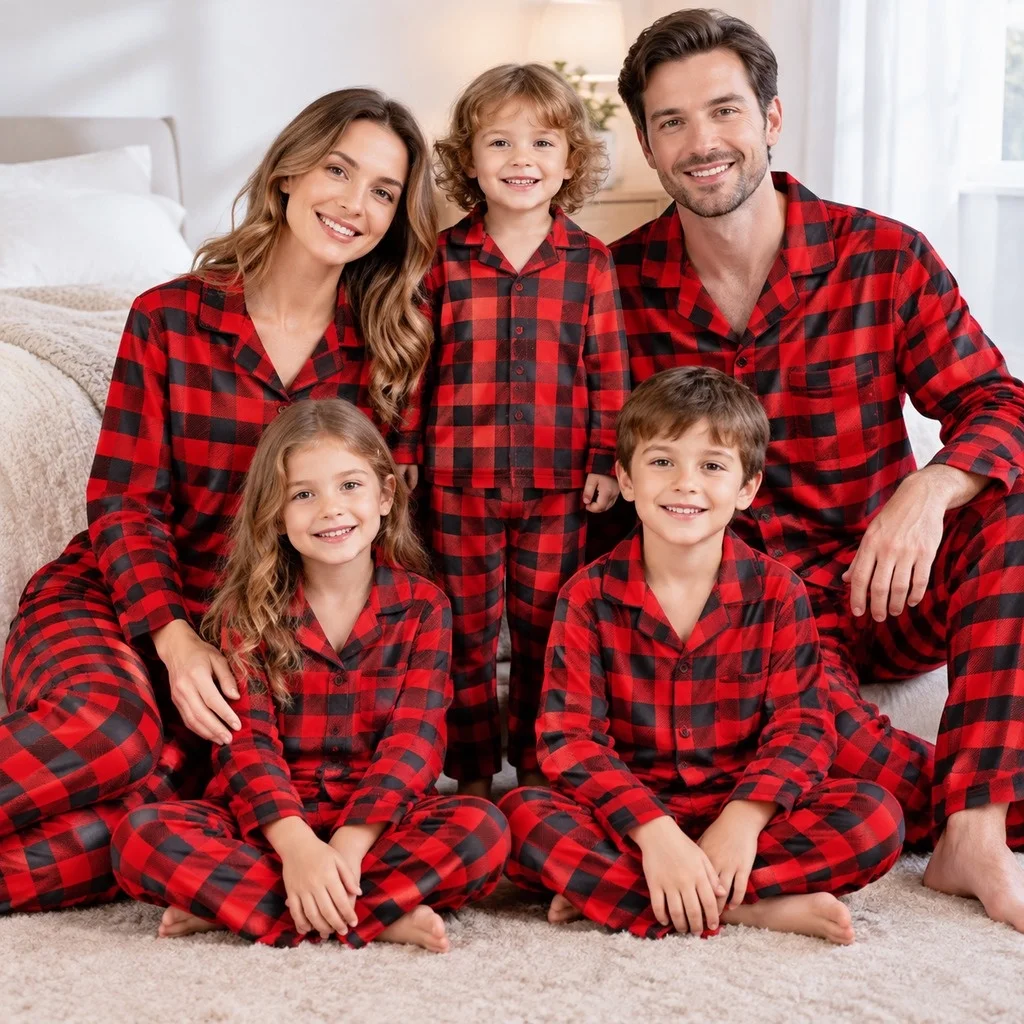 Long Sleeve Check Pattern Set with European and American Cartoon Character Pajamas for Men and Women Spring Summer Autumn