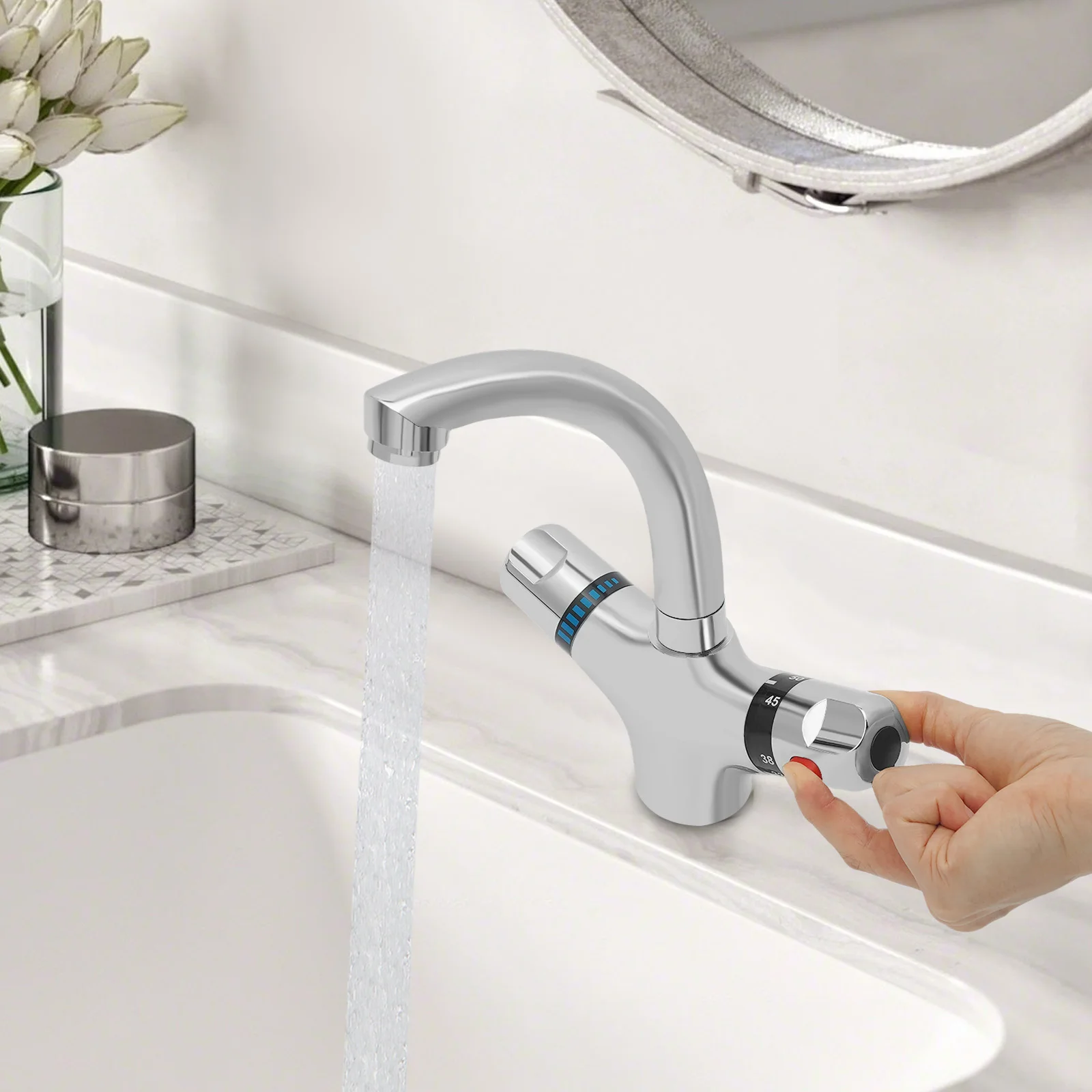 Robinet à double poignée pour lavabo, eau chaude et froide, température constante, 360° °   Angle de rotation pour salle de bain et cuisine