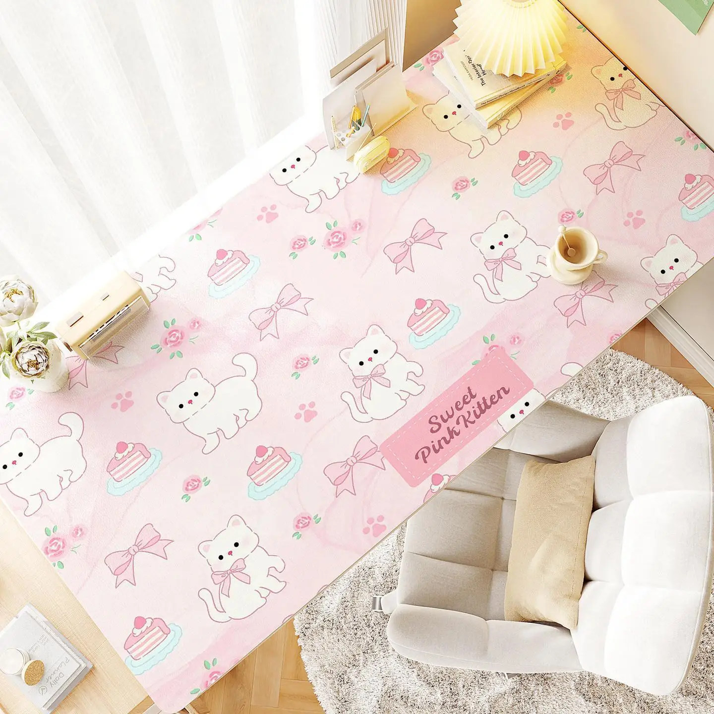 Pink Gradient Kitten Bow Cake Cat Sweet Leather Desk Pad Protector Y2K Mouse Pad Office Desk Mat Non-Slip PU Desk Blotter Pad