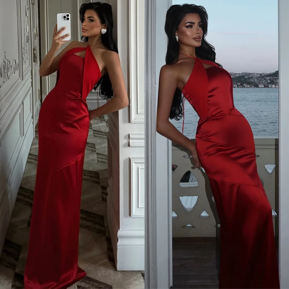 

Customized Mermaid Fashion Red Satin Evening Dress Exquisite Halter Sleeveless Homecoming Dresses Backless Open Back Prom Dress