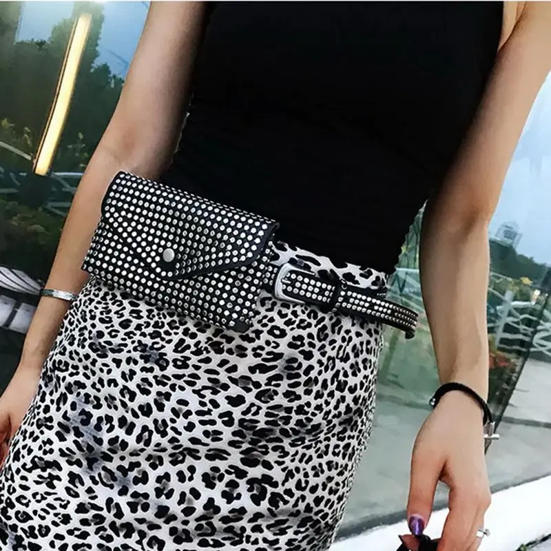 Fashion Rivets Waist Pack Luxury Designer Fanny Pack Small Women Phone Pouch Punk Belt Bag Purse(Black)-A51M