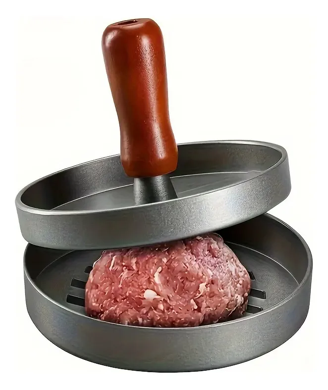 Prensa para Hamburguesas Premium Antiadherente 1A | Acero de aleación duradero con mango de madera para una calentamiento uniforme, para hamburguesas de carne, queso y verduras