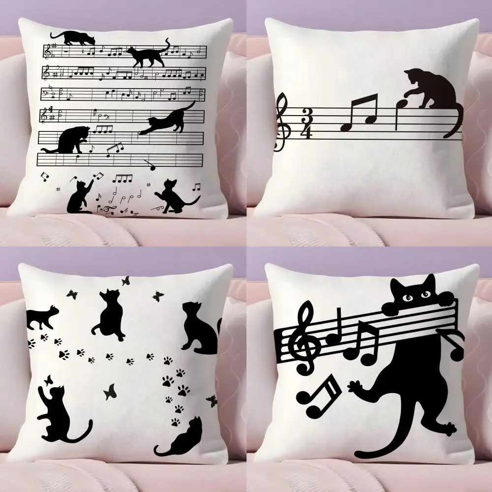 Cat Musical Symbol Cushion Cover Short Plush Double-Sided Printing Home Machine Washable in Warm Winter Pillow Cover