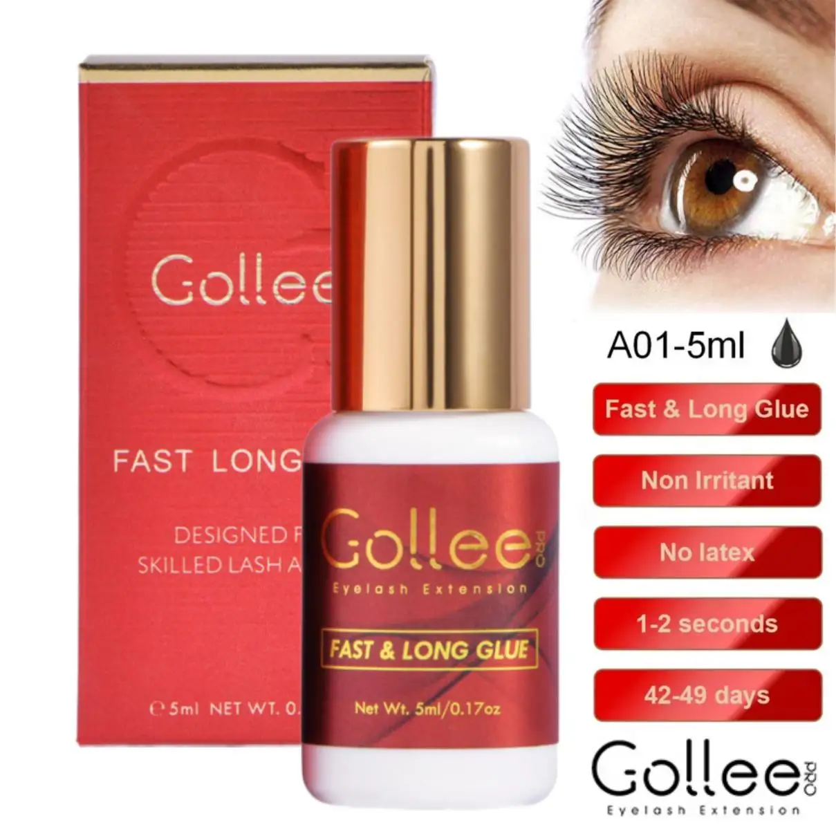 Gollee-Fast Drying False Eye Lash Extension Glue, Retenção Adesiva, Baixo Cheiro, Mink Cílios Fornecimento, 5ml, 1s, 5-7 Semanas