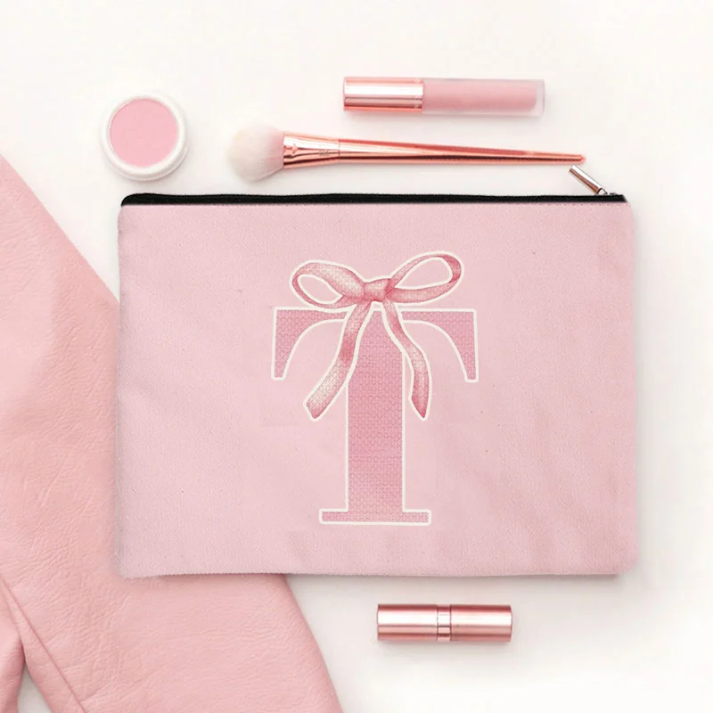 Pink Makeup Bags Initial Letter Cosmetic Zipper Pouch for Sister Girls Beauty School Graduation Travel Organizer Toiletries Bag