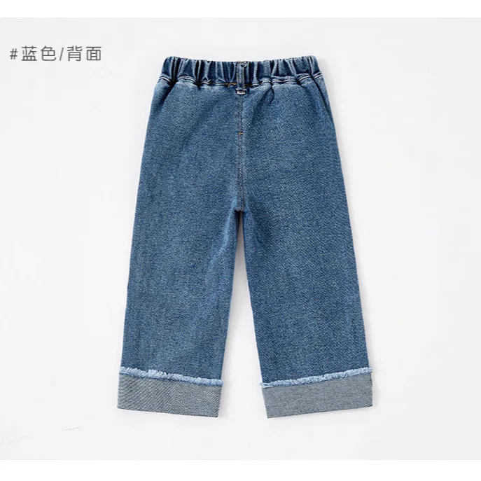 Spring Autumn Children Girl Denim Pants Straight Patched Elastic Waist Student Girls Pants Solid Color Pockets Kid Girl Trousers