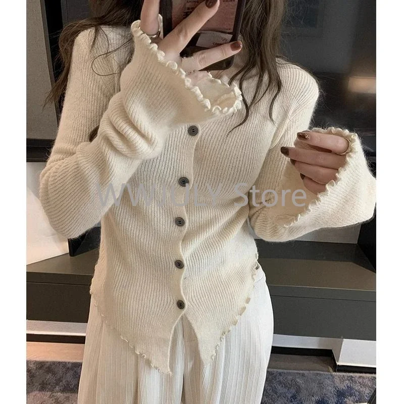 2024 Y2k Grey Vintage Women Kint Sweater Harajuku Long Sleeve Cardigan Irregular Korean Fashion Slim Autumn Jerseys Casual