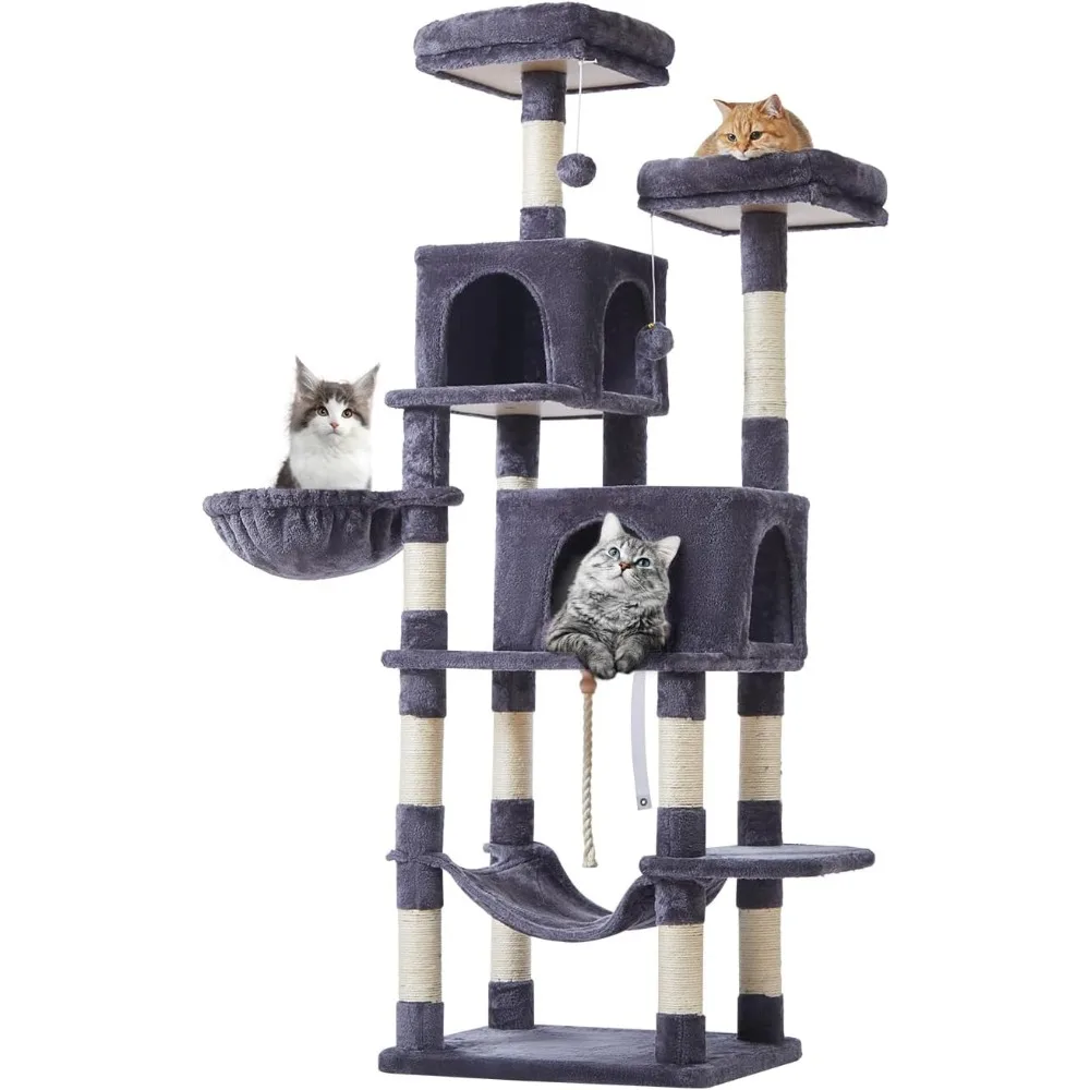 Taoqimiao Cat Tree, 66.2-Inch Cat Tower for Indoor Cats, Plush Multi-Level Cat Condo with 12 Scratching Posts, 2 Perches, 2 Cave