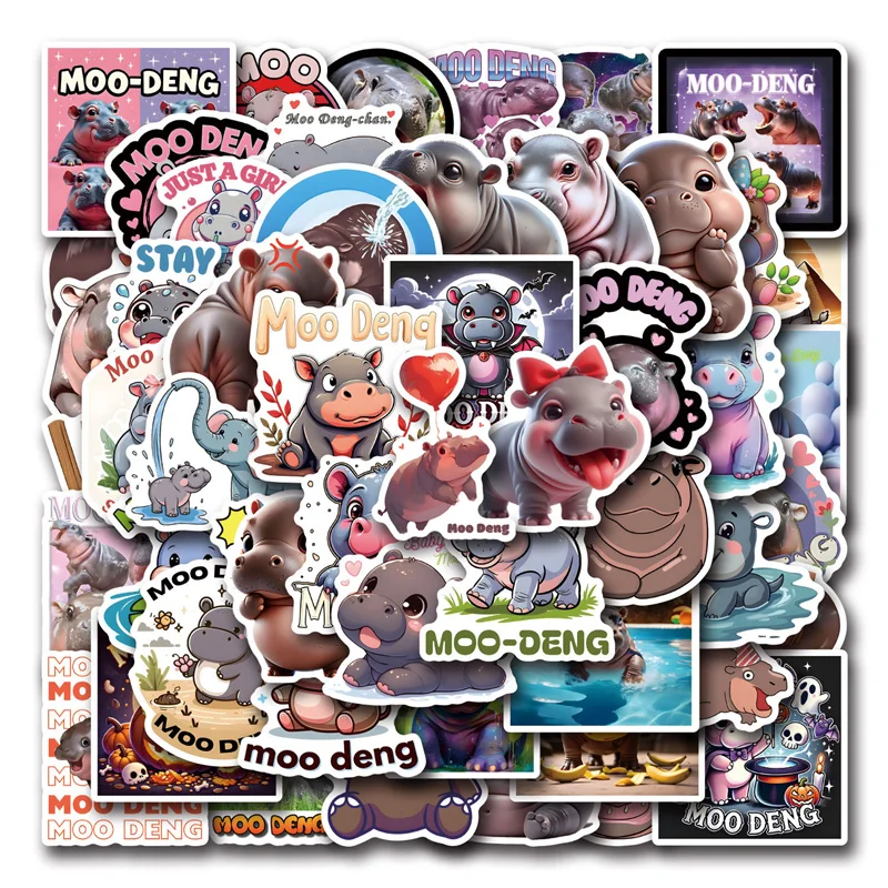 50 Cartoon Moo Deng Stickers Creative Pygmy Hippo Stickers Waterproof Cartoon Bouncy Pig Stickers