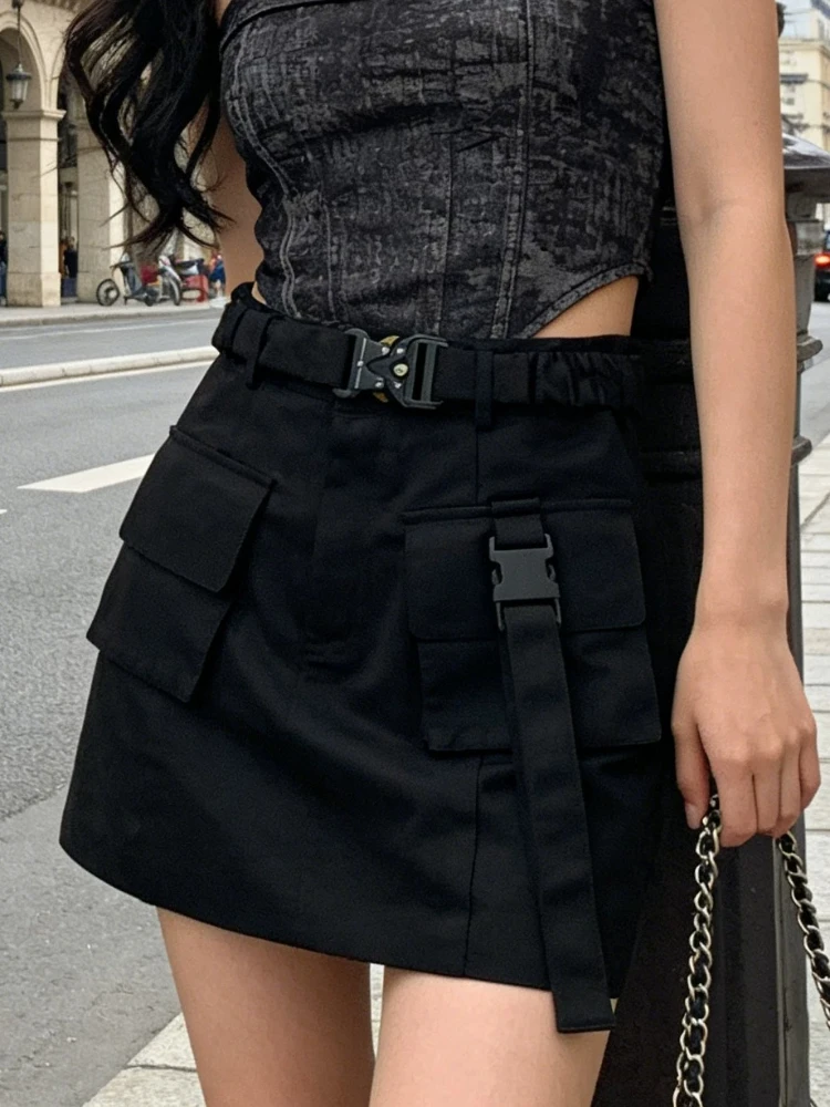 High Waist A Line Pockets Short Skirt with Belt Woman Spring and Autumn Korean Fashion Casual Streetwear Personality Y2k