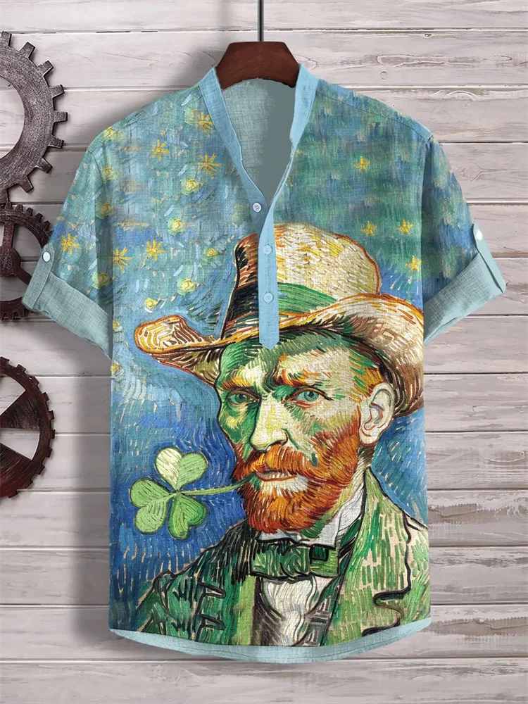 

2024 Hawaiian Shirt Men's Stand Collar Short Sleeve Shirt Portrait 3D Printing Fashion Casual Bamboo Linen Top S-5XL