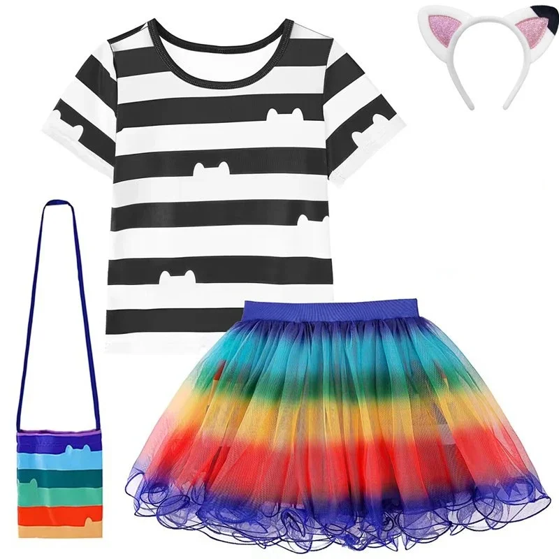 Gabby Dollhouse Cartoon Children Black And White Stripe T-Shirt+Skirt+Bag Sets Kids Carnival Gabby Cats Costume Party Outfits 8Y