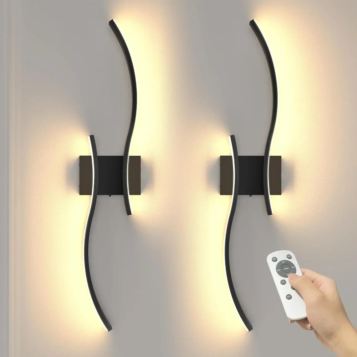 27.6 Inch Battery Operated Wall Sconce Set of 2, Black Modern Rechargeable Wall Lights with Remote, 3CCT Dimmable Wireless Wall