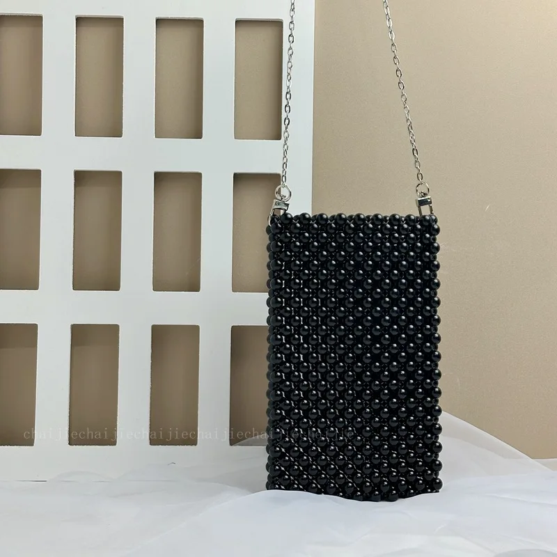 

Advanced INS Style Pearl Hand Woven Beaded Women's Bag Fashionable Black Detachable Chain Crossbody Mobile Phone Bags for Women