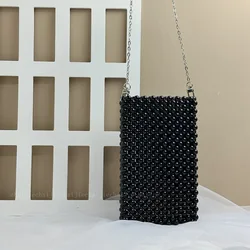 Advanced INS Style Pearl Hand Woven Beaded Women's Bag Fashionable Black Detachable Chain Crossbody Mobile Phone Bags for Women