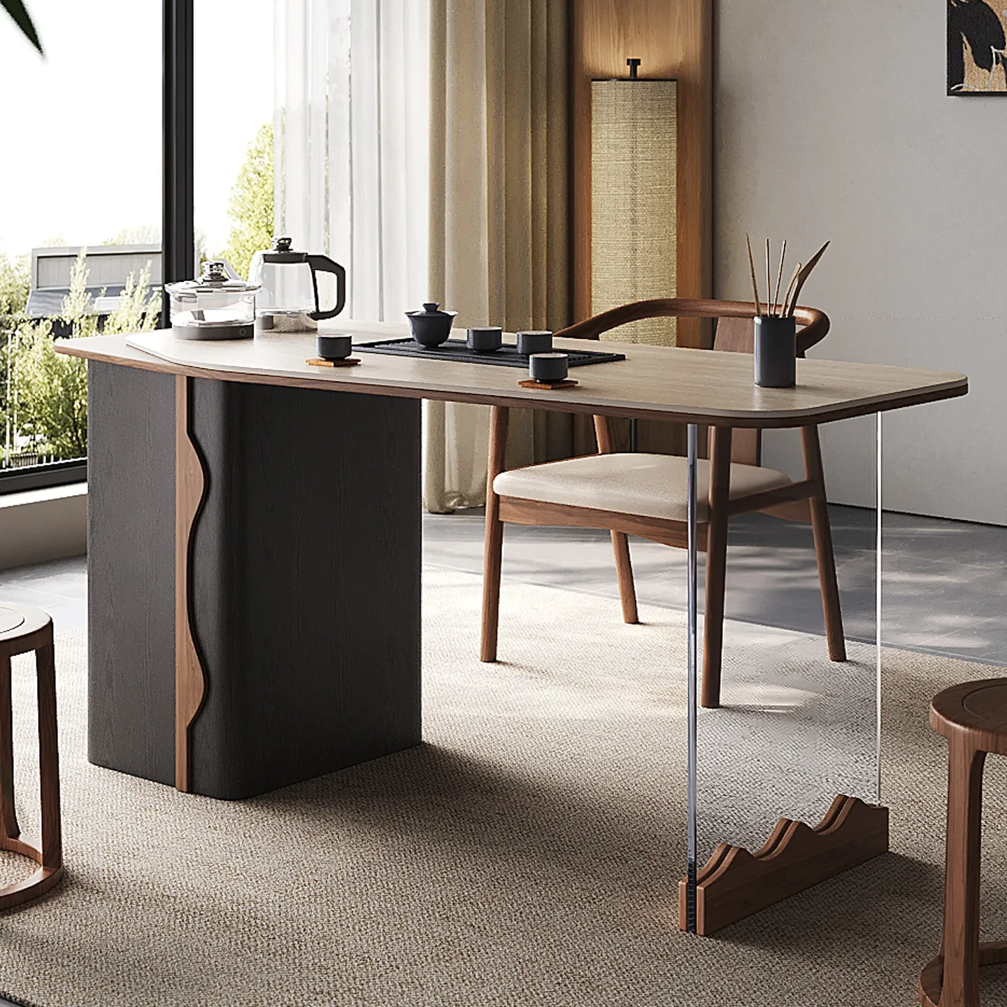 HYS home balcony tea table office integrated travertine high-end modern simple rock slab