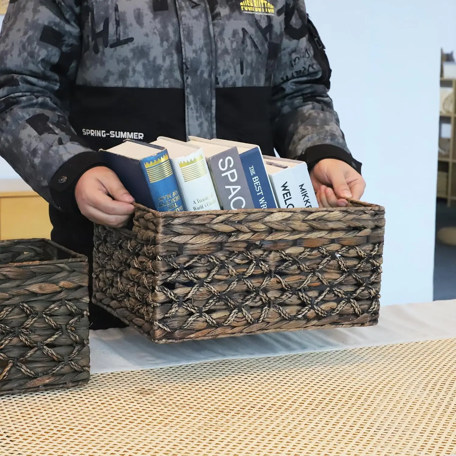 Large Woven Storage Basket with Handles, Natural Water Hyacinth Rectangular Box for Home Organization