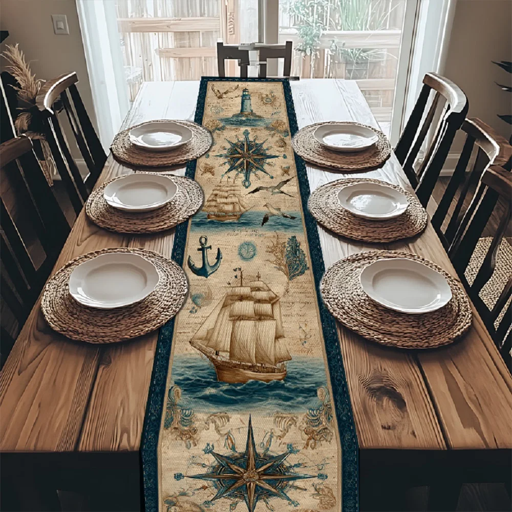 1 Piece of Nautical-Themed Table Runner with Lighthouse, Compass, Ship, and Seagull Designs, Suitable for Farmhouse, Indoor, Kitchen, Celebrations, Table Decoration, Restaurant, and Banquet Decoration Supplies