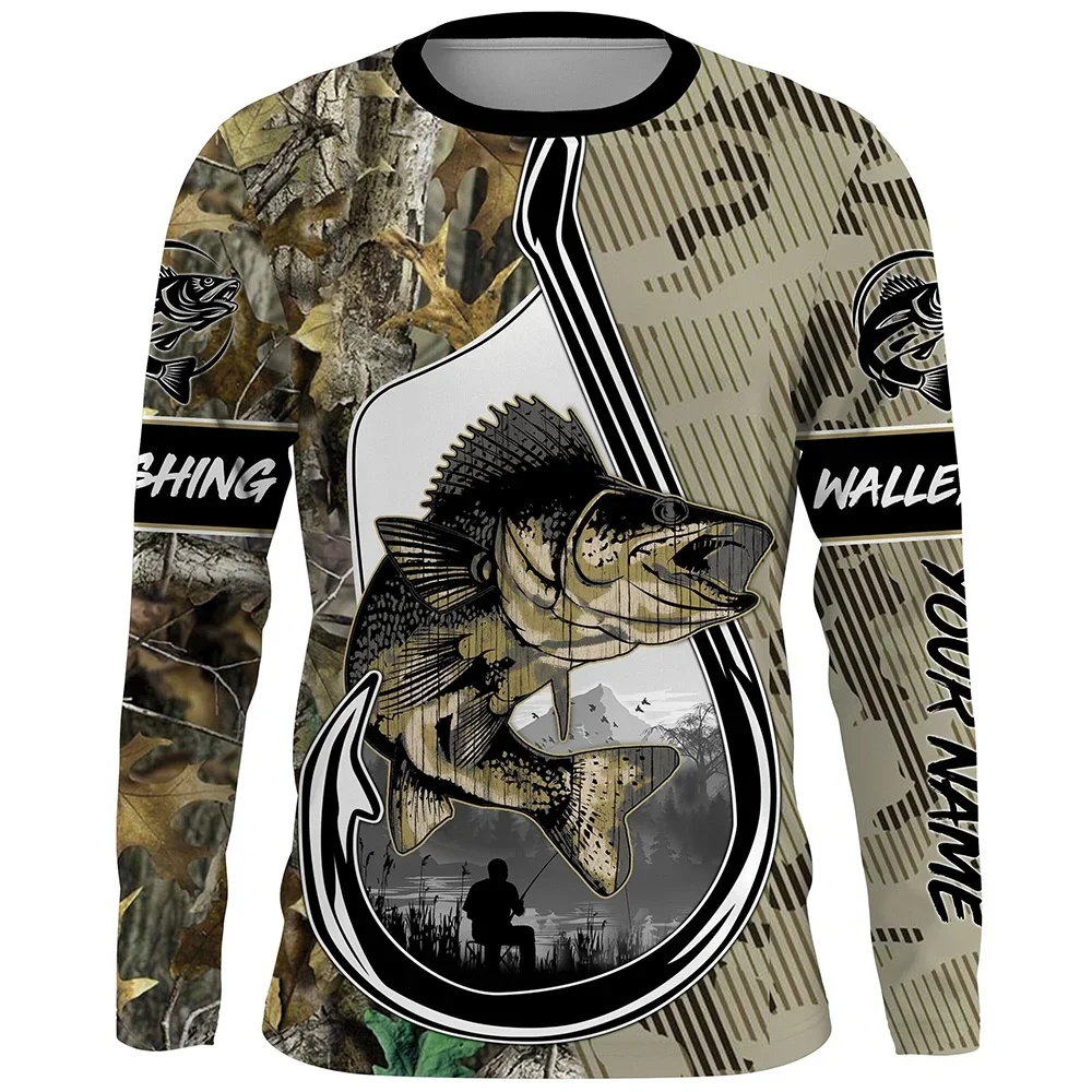 Sports Fishing Men Long Sleeve T‑Shirt Gone Fishing Bass Camouflage Print Crew Neck Casual Outdoor Angling Tee Tops