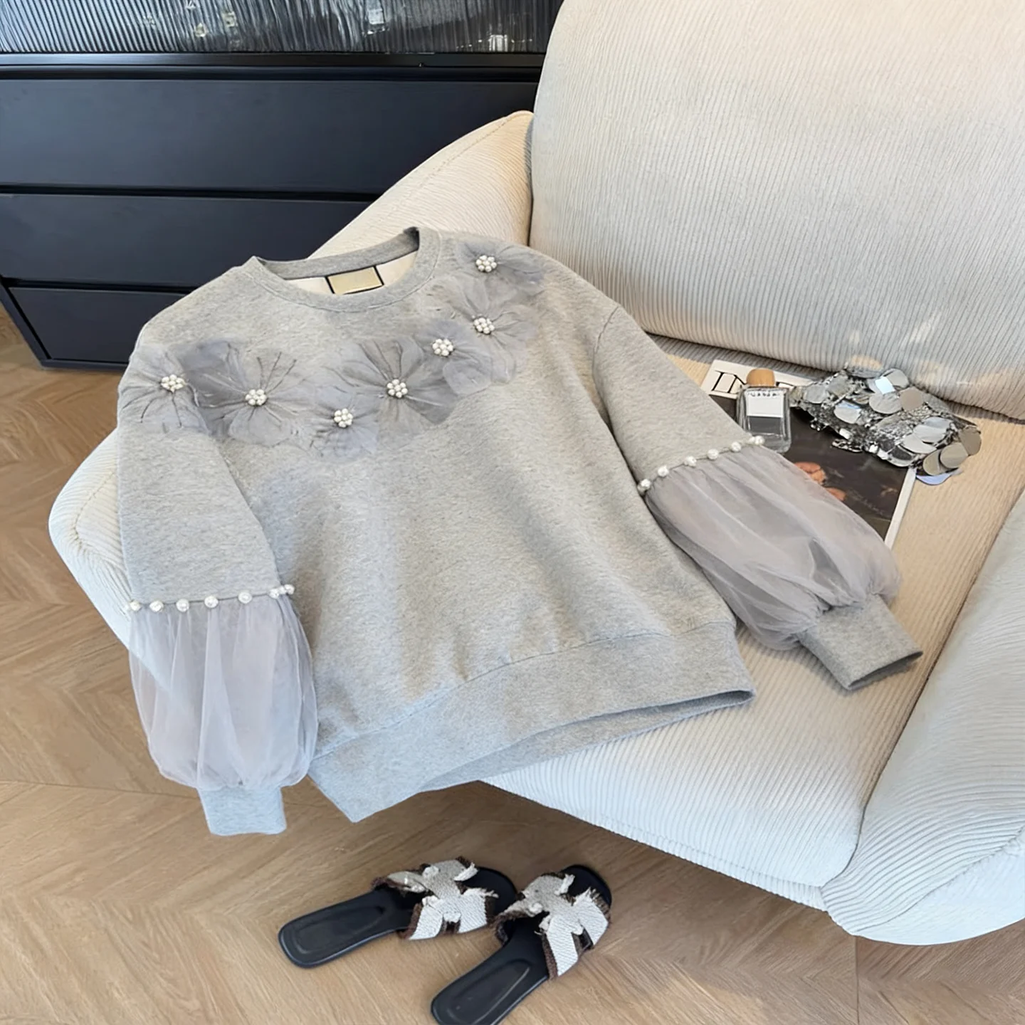 

Винтажный круглый свитер Ele ey для женщин, повседневный, весенне-осенний, в корейском стиле, милый, с 3D цветами и кружевными вставками