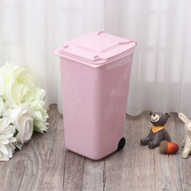 L69A Mini Wheelie Trash Can Pen Holder Storage Bin Desktop Garbage Bucket